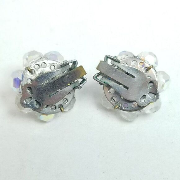 Vintage AB Glass Beaded Cluster Clip On Earrings, 50s 60s Style, Rainbow Finish - Picture 3 of 5